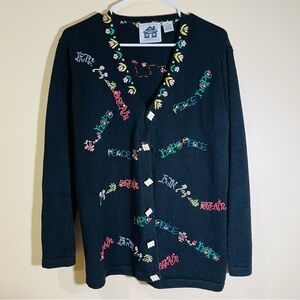 Storybook Knits Medium Black Cardigan Dream Peace Hope Beaded Sweater HSN School